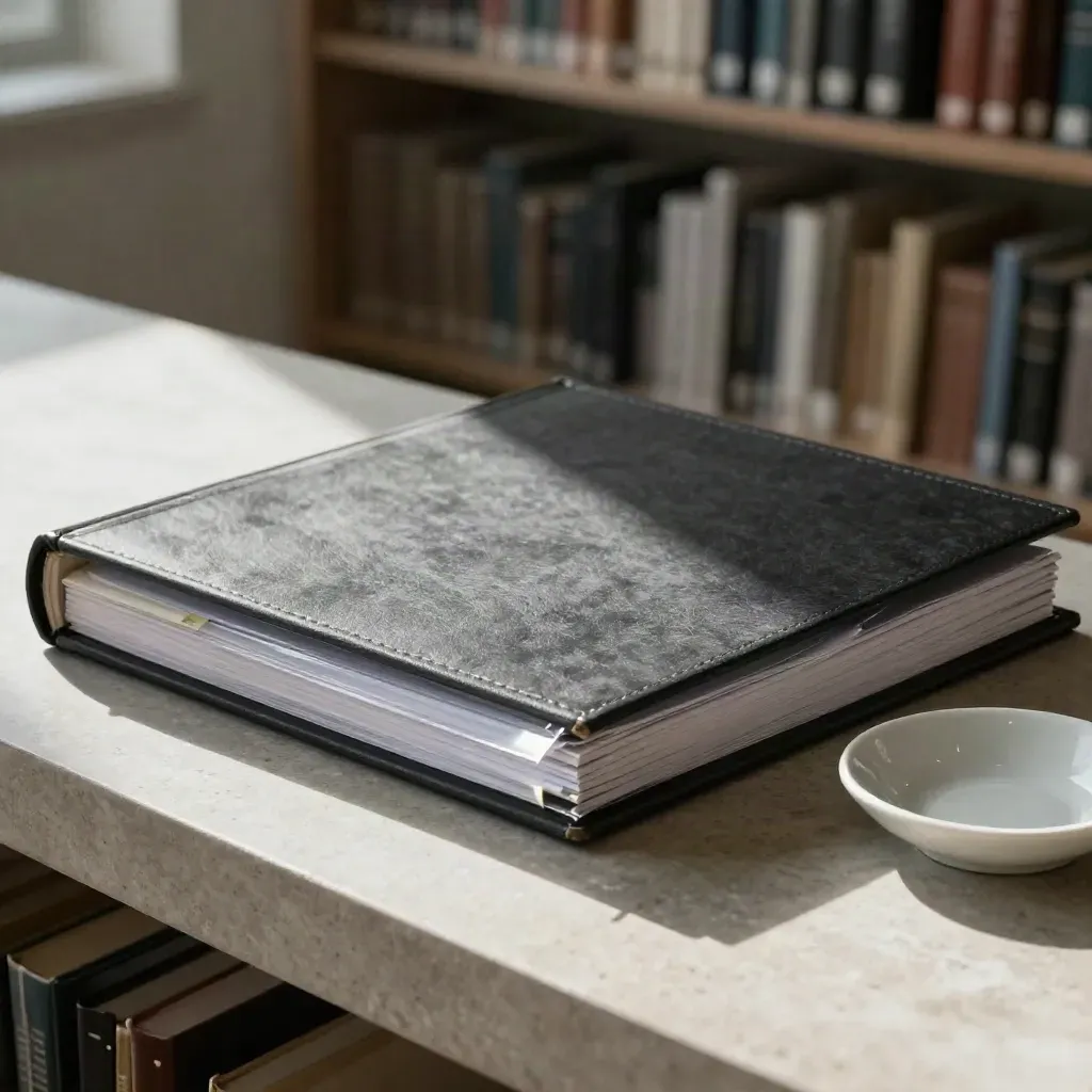 Half-open risk binder on stone ledge with dish, in cool cinematic light