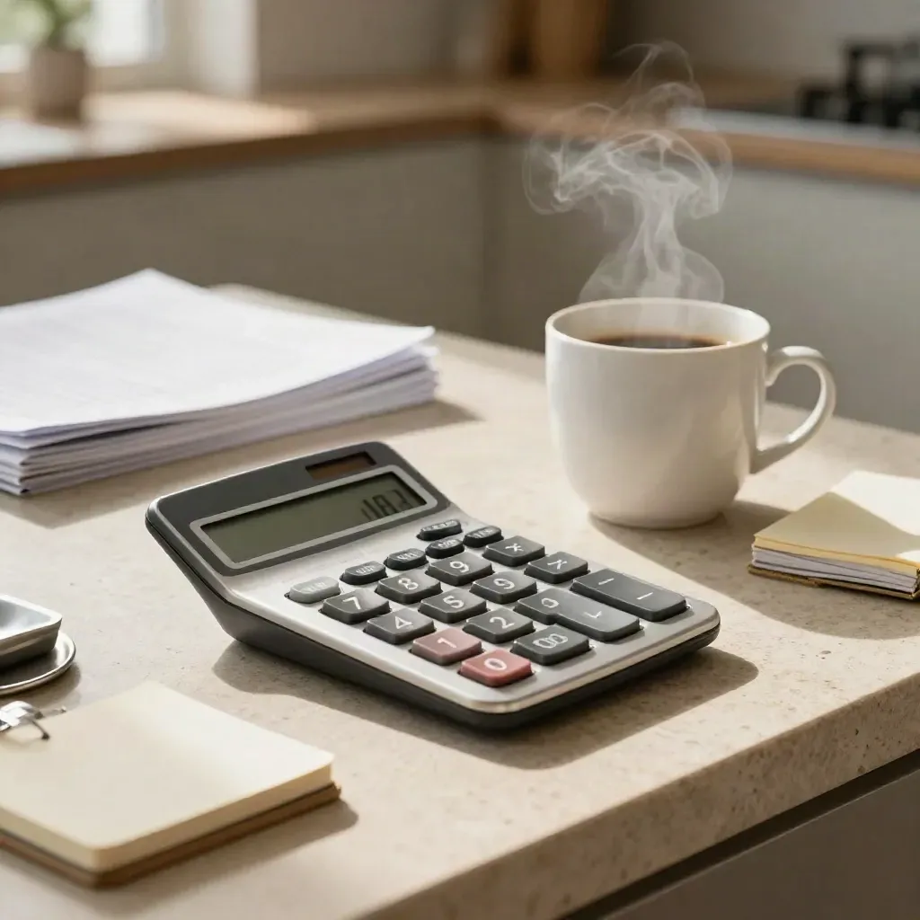 Calculator, steaming coffee and bond notes on a stone kitchen worktop in soft window light.