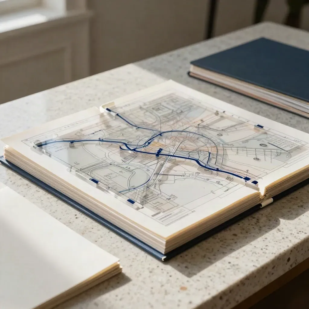 Layered bond market map sheets with translucent overlays on pale stone, lit by soft daylight.