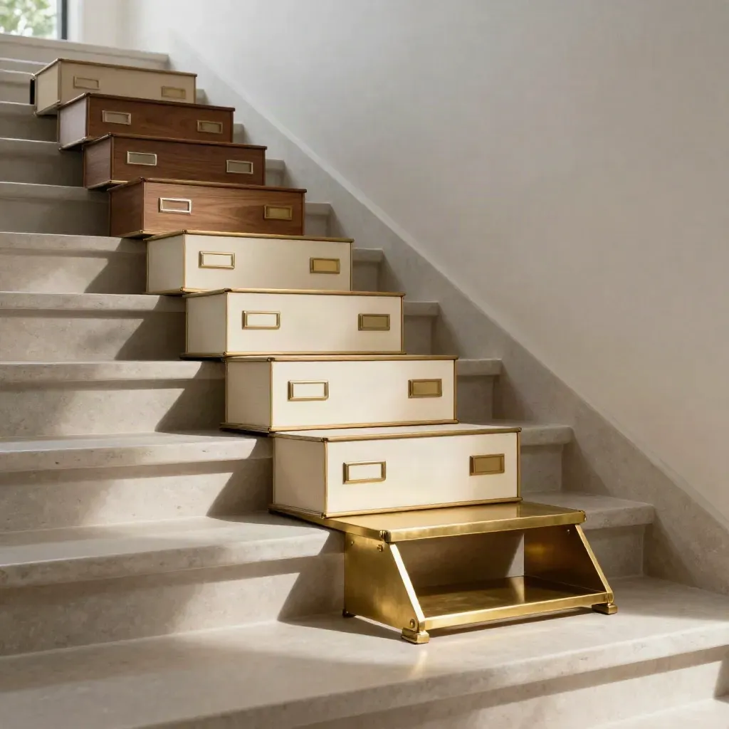 Stepped archive boxes and brass tray form a gilt ladder in a modern stone stairwell