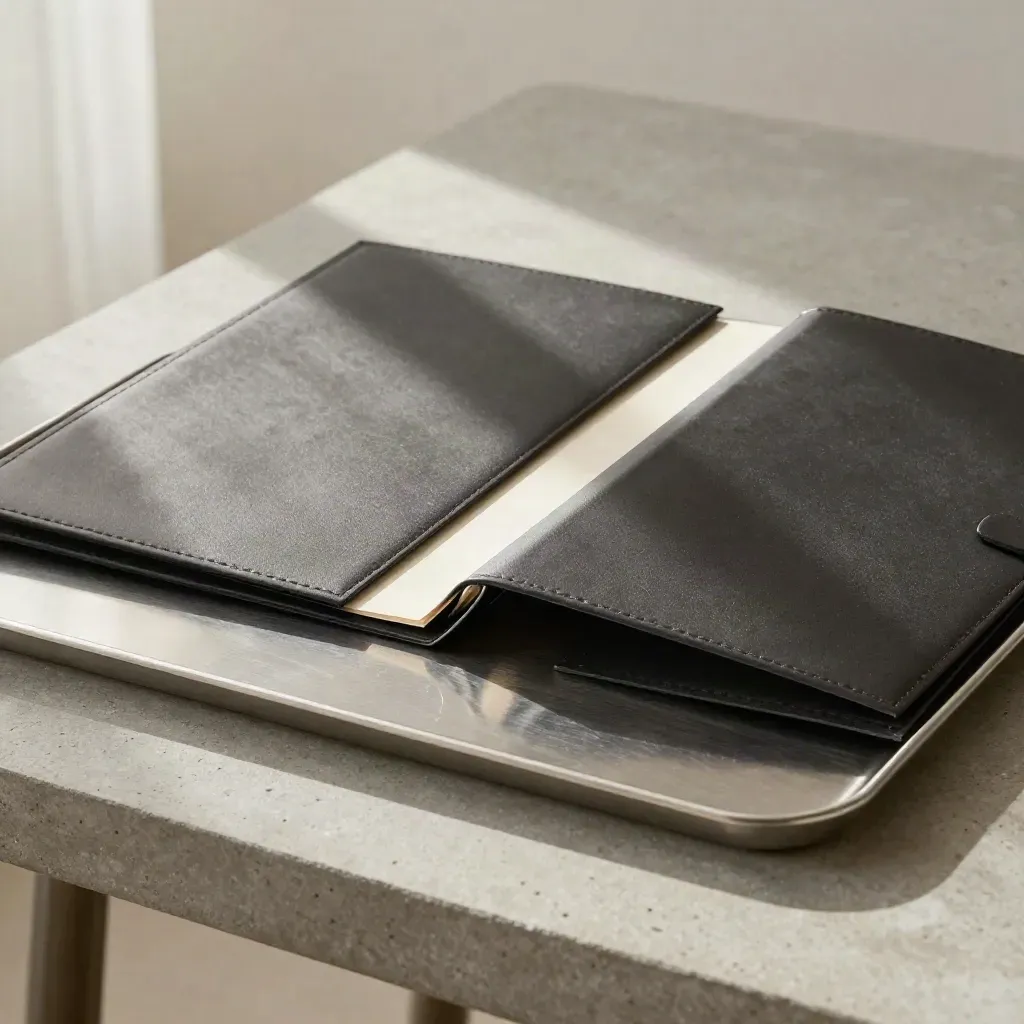 Dark folders widening on concrete beside a steel tray, lit by soft daylight.