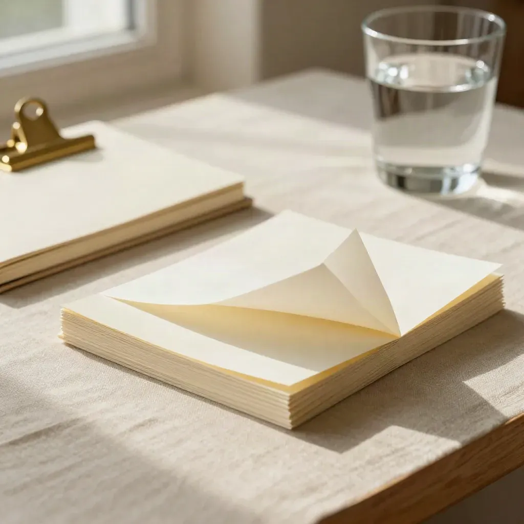 Paper fund notes on a linen desk beside a notebook, brass clip, and water glass in warm window light.