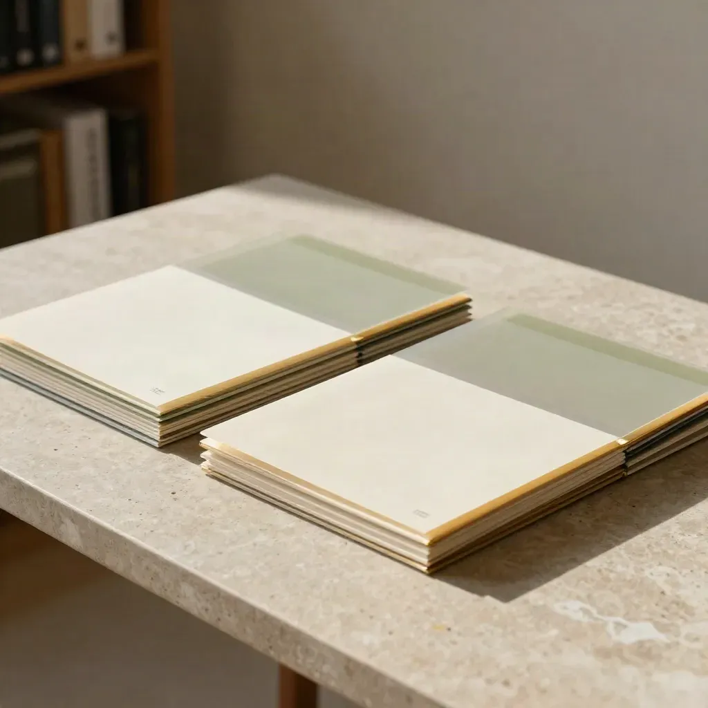 Diagonal bond folders and translucent overlays spreading across a pale stone table