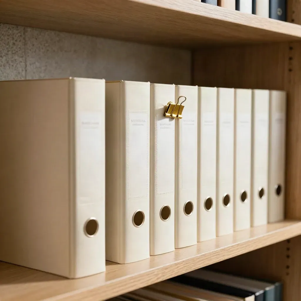 Cream archive sleeves and brass clip on an oak shelf in soft daylight.